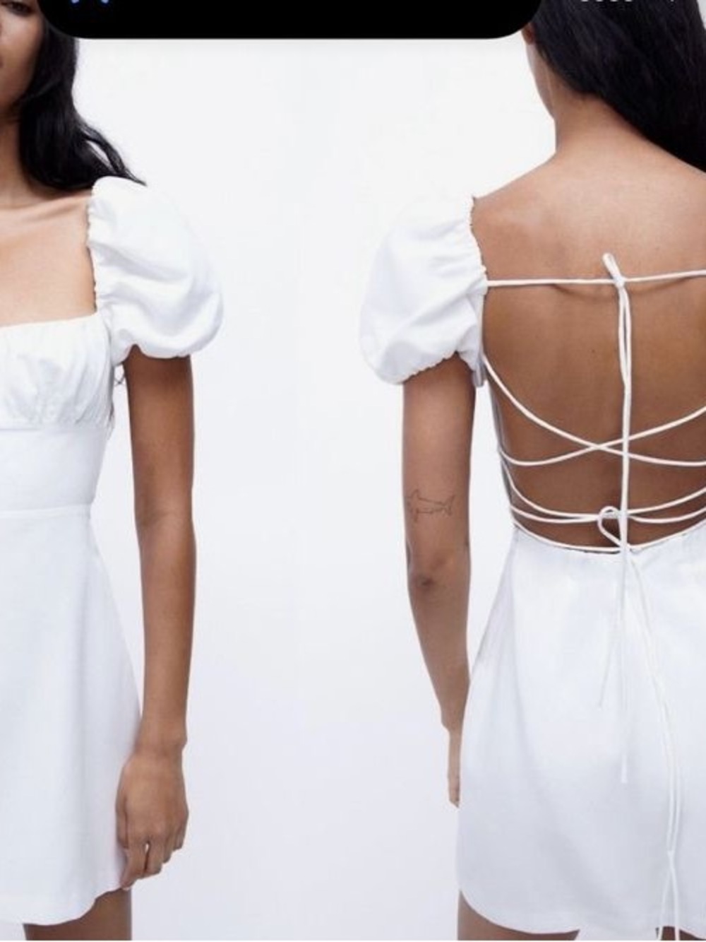 Zara White Puff-Sleeve Lace-Up Open-Back Mini Dress